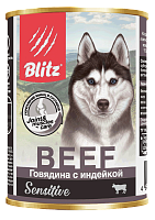 Blitz Влажный корм для собак Sensitive Adult Dog  с чувствительным пищеварением, паштет, Говядина и Индейка 400г