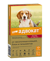 BAYER Адвокат Капли от чесоточных клещей, блох и гельминтов для собак весом от 10 до 25кг (1 пипетка)