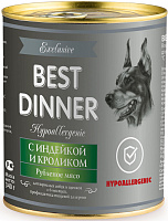 Best Dinner Exclusive Hypoallergenic Влажный корм для собак при пищевой аллергии, рубленое мясо, Индейка и Кролик