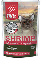 Blitz Holistic Adult Cat Влажный корм для кошек, нежные кусочки в соусе, Креветки и Индейка
