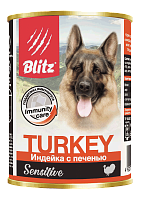Blitz Влажный корм для собак Sensitive Adult Dog  с чувствительным пищеварением, паштет, Индейка и Печень 400г