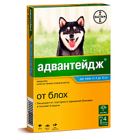 Bayer Адвантейдж Капли от блох для собак весом 4-10кг (4 пипетки)