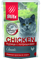 Blitz Classic Adult Cat Влажный корм для кошек, нежные кусочки в соусе, Курица и Потрошки