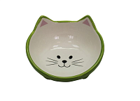 №1 Миска керамическая "Мордочка кошки", на ножках, зеленая, 13,5*13,5*7,5см, 140мл