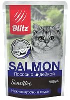 Blitz Sensitive Adult Cat Влажный корм для кошек с чувствительным пищеварением, нежные кусочки в соусе, Лосось и Индейка